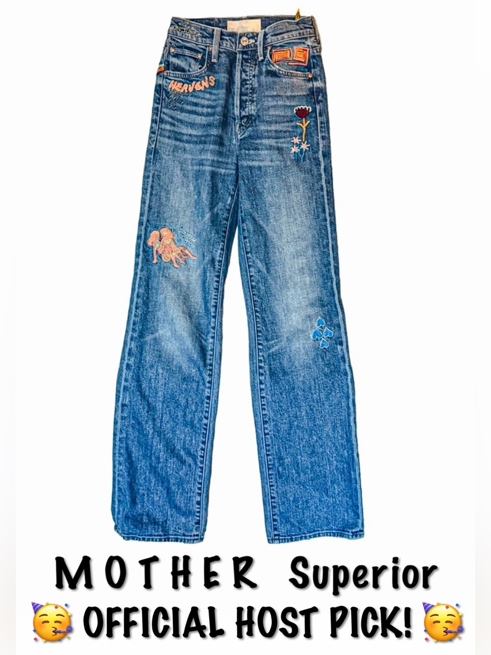 MOTHER SUPERIOR The Rambler Sneak Embroidered Jeans 23 High Rise Button Fly Rare